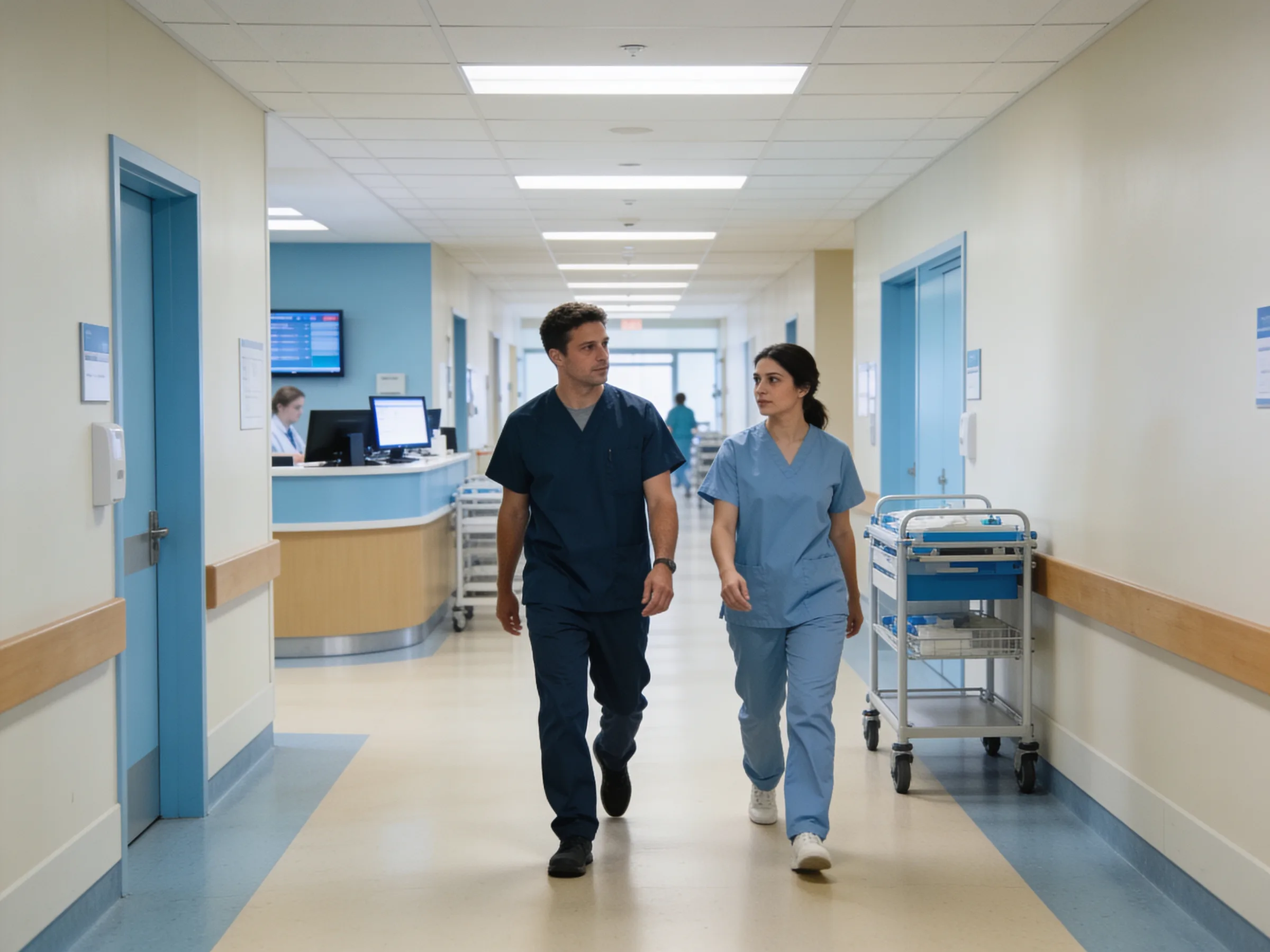 Medical staff walking through a bright modern clinic corridor