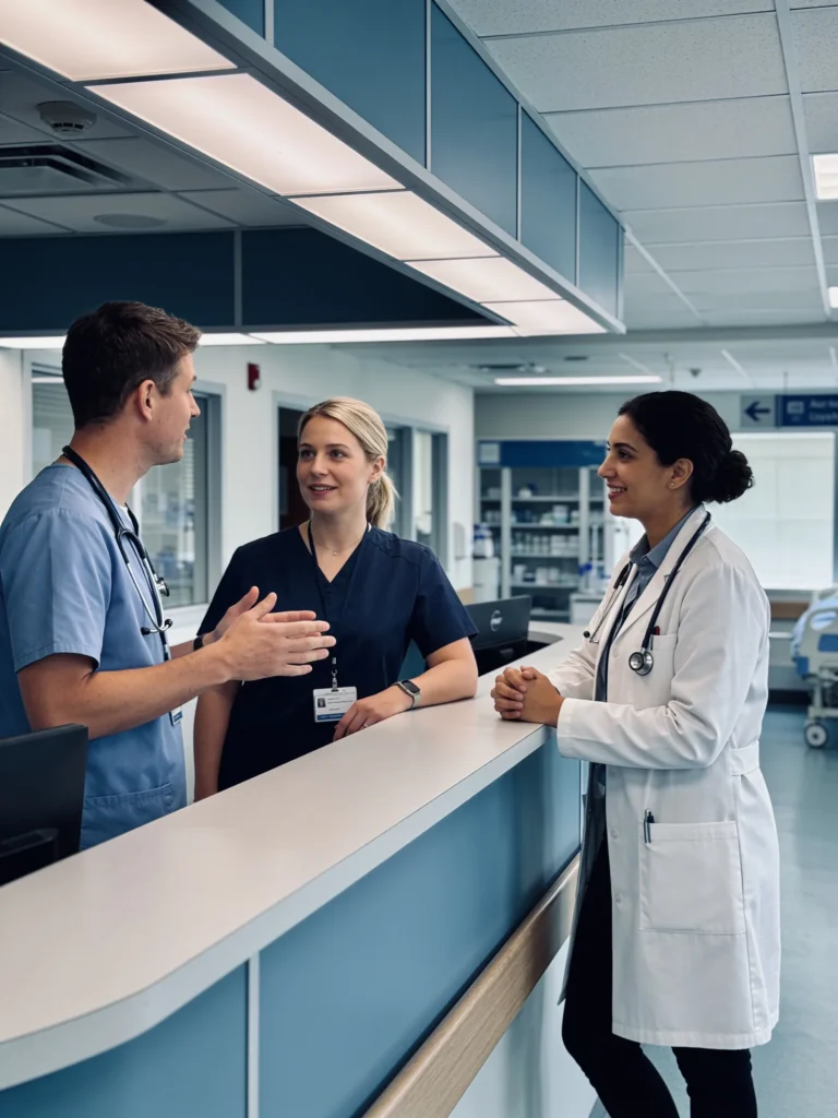 Clinical team in conversation beside a nurses station in a modern hospital