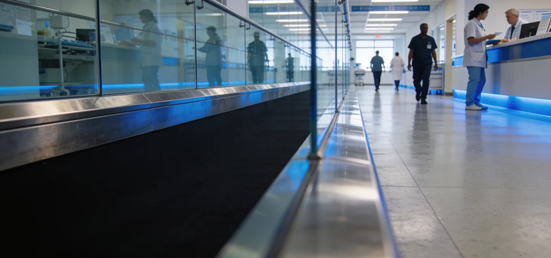 Modern hospital clinical floor with staff at a distance