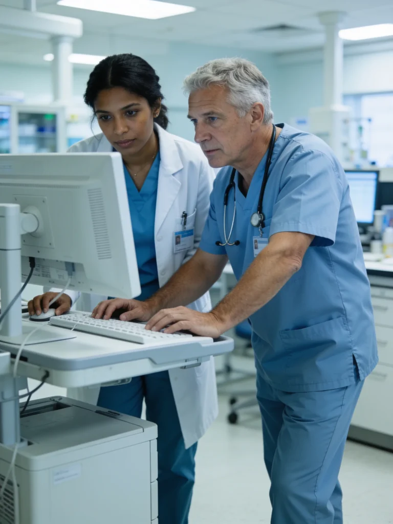 Two hospital colleagues reviewing information together at a workstation
