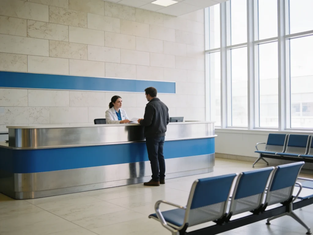 Reception desk in a modern hospital lobby