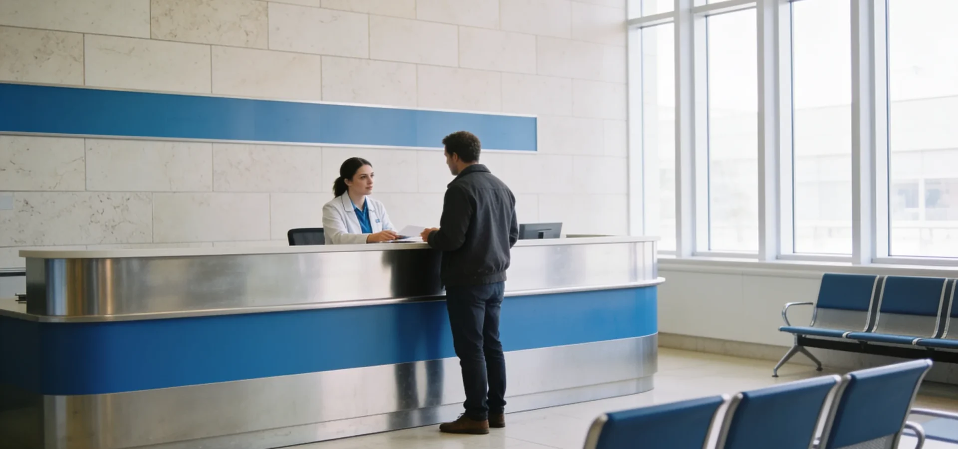 Reception desk in a modern hospital lobby