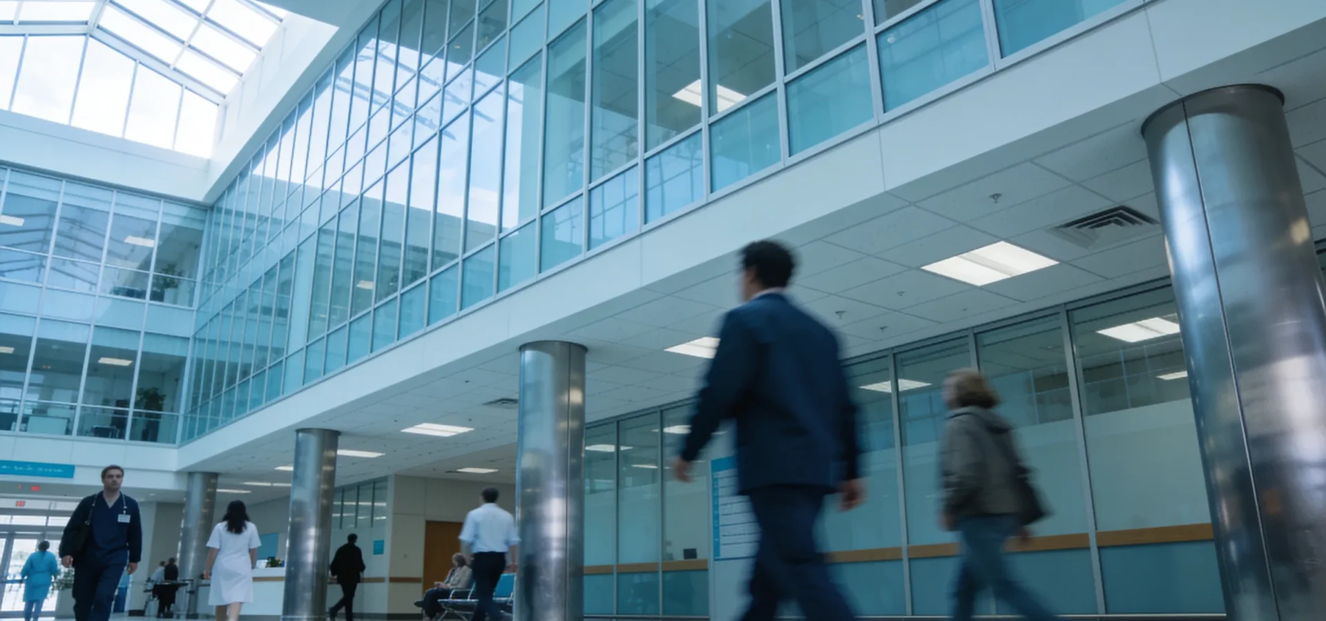 Light-filled atrium of a modern hospital