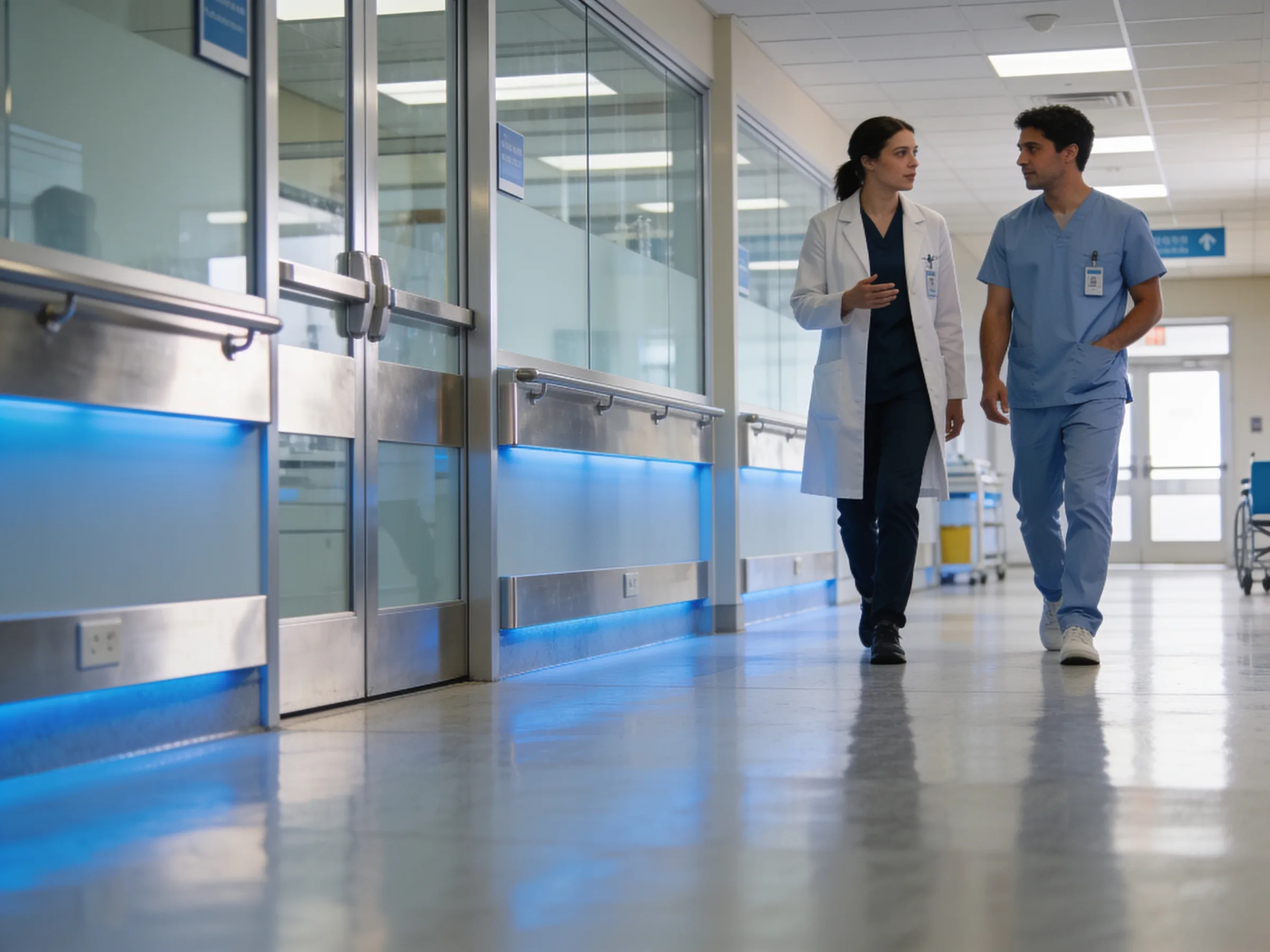 Clinicians talking as they walk a modern hospital corridor