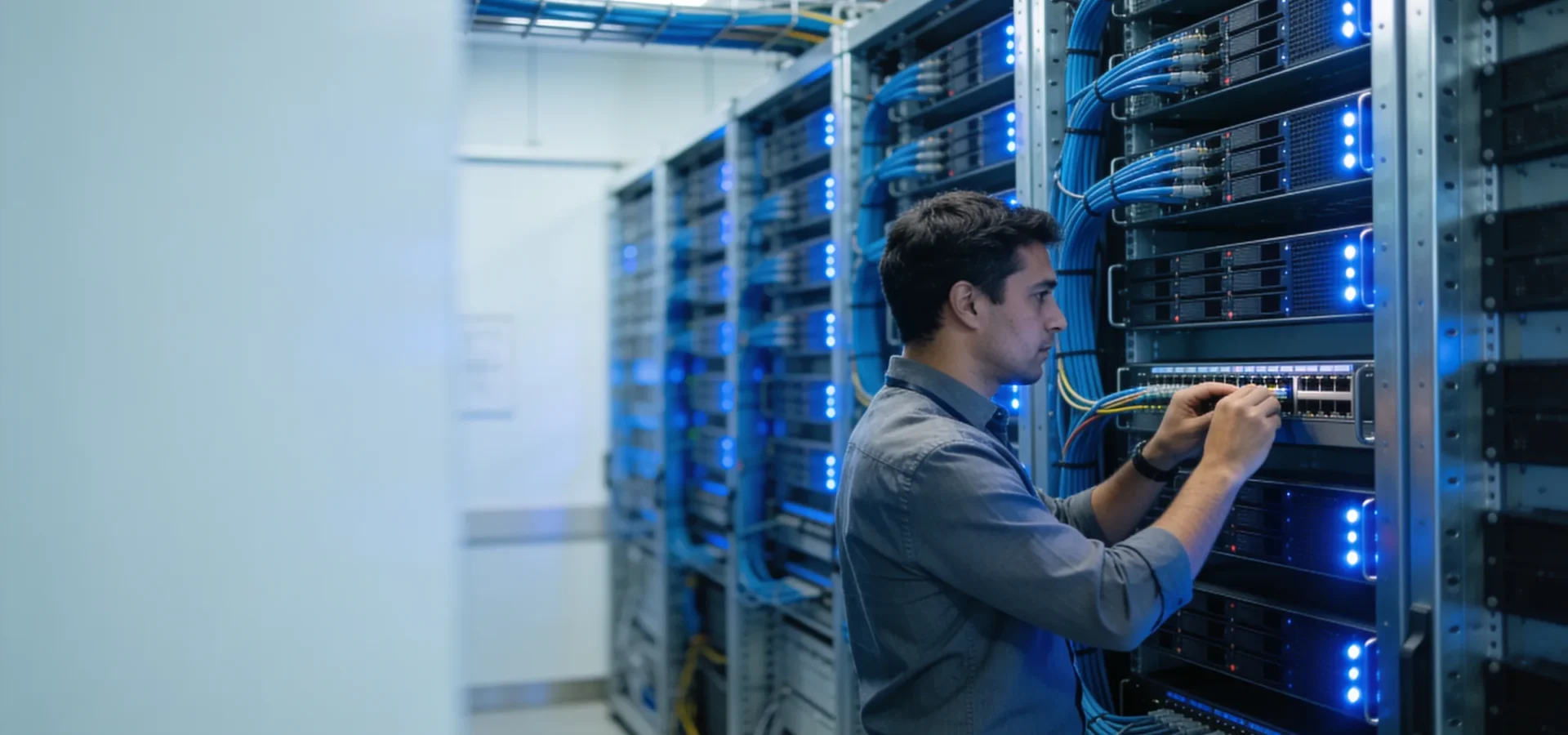 Technician checking network switches in a hospital server room