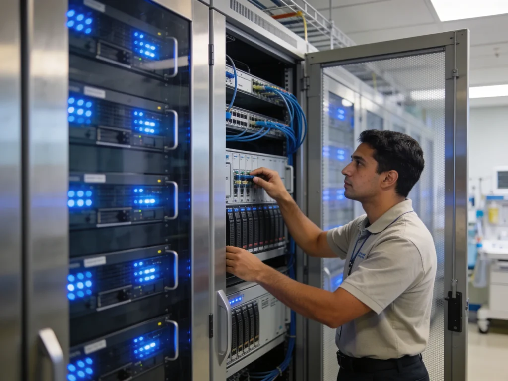 Technician checking network equipment in a hospital server room